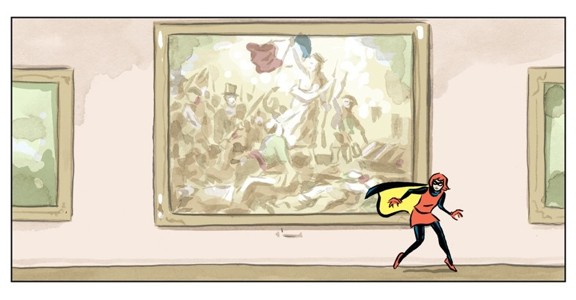 Eine Frau in einem roten Kleid über einem schwarzen Ganzkörperanzug und einem gelb-schwarzem Cape läuft auf Zehenspitzen durchs Pariser Louvre, vorbei an dem Bild "Die Freiheit führt das Volk" von Eugène Delacroix.