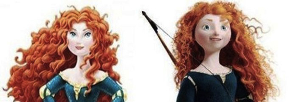 Links die überarbeitete Version mit schlankem Gesicht und Make-Up und rechts Merida aus dem Film mit fisseligen roten Haaren, rundem Gesicht und Bogen