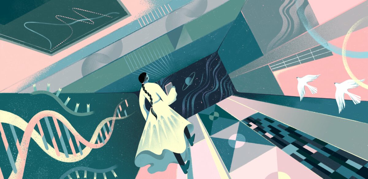 Zeichnung einer Wissenschaftlerin mit geflochtenem Zopf im weißen Kittel. Sie ist umrahmt von Wänden mit DNA-Helixen, mathematischen Kurven und einem Planeten.