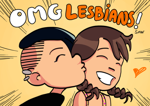 Das Titelbild von OMG Lesbians zeigt zwei weibliche Comicfiguren. Die ein küsst die andere auf die Wange.